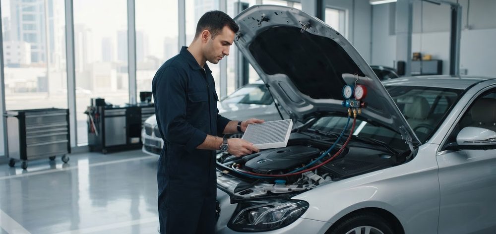 A technician connecting air-conditioning manifold gauges under the bonnet of a car in a UAE workshop.