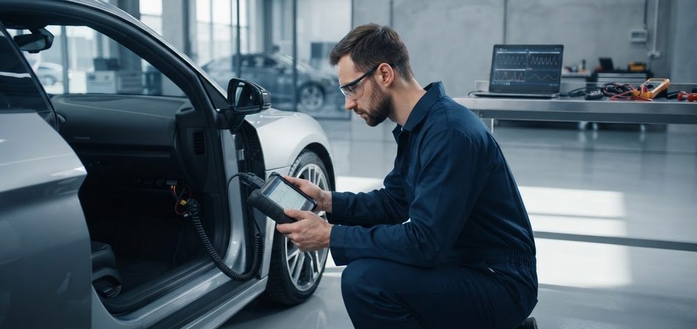 A technician reading a diagnostic scanner plugged into a car