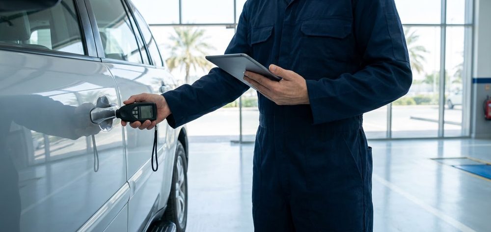 An inspector checking paint thickness on a car door with a gauge