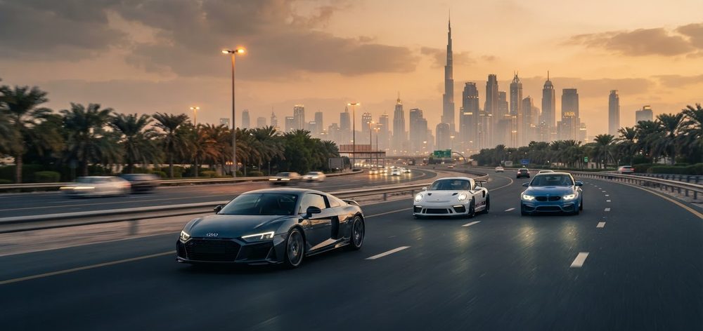 Cars on a Dubai highway at dusk, with the city skyline behind