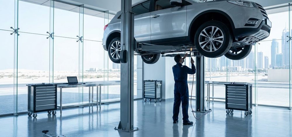A technician working under an SUV raised on a lift in a Dubai workshop